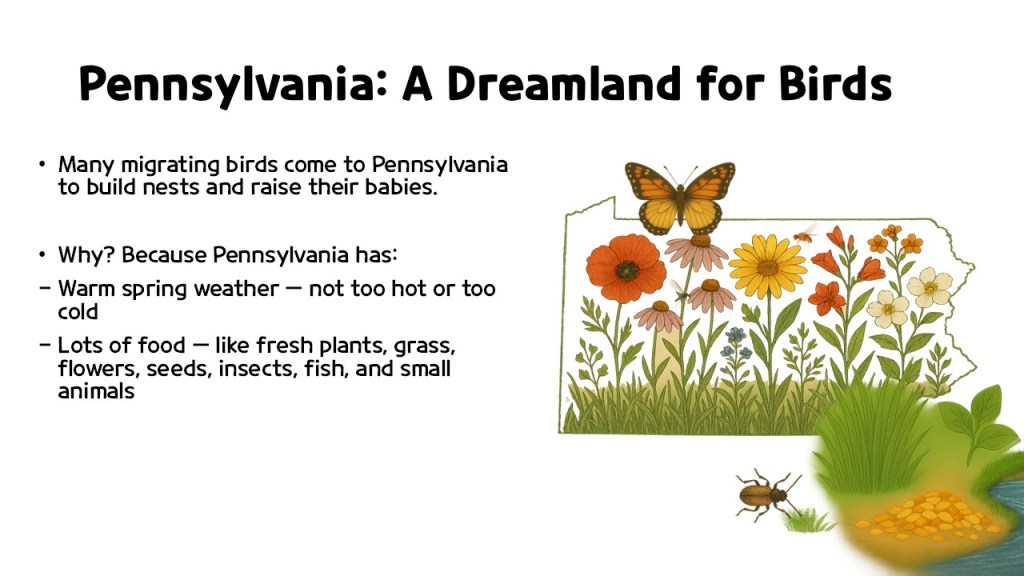 Illustration of Pennsylvania showcasing a variety of flowers, a butterfly, and an insect, with text highlighting its attractions for migrating birds.
