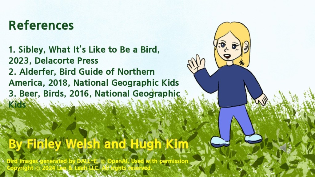 A cartoon illustration of a young girl with blonde hair, wearing a blue shirt and purple pants, standing on green grass. The background features a bright blue sky, and there are references listed on the side of the image.