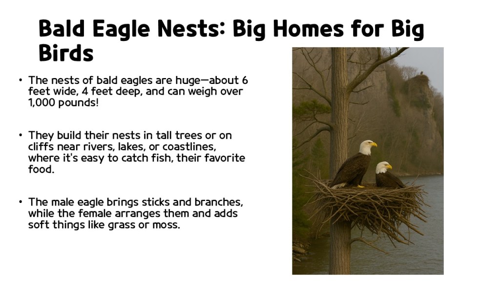 A pair of bald eagles perched on a large nest in a tree near a body of water, with cliffs in the background.