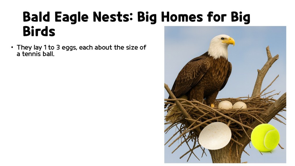 A bald eagle perched in its nest, with three eggs visible, one resembling a tennis ball