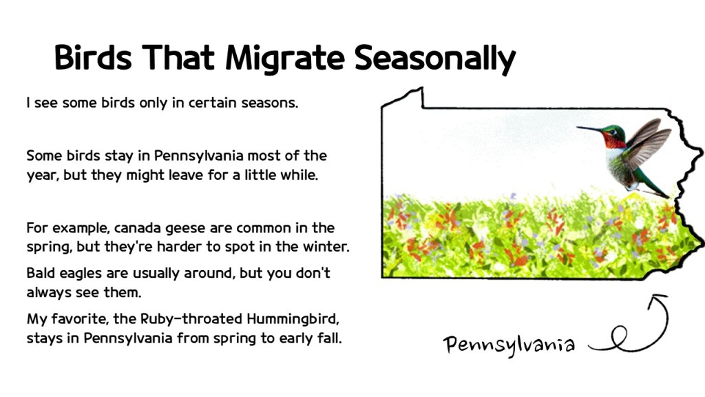Illustration depicting the state of Pennsylvania with a Ruby-throated Hummingbird and colorful flowers, accompanied by the text 'Birds That Migrate Seasonally'.