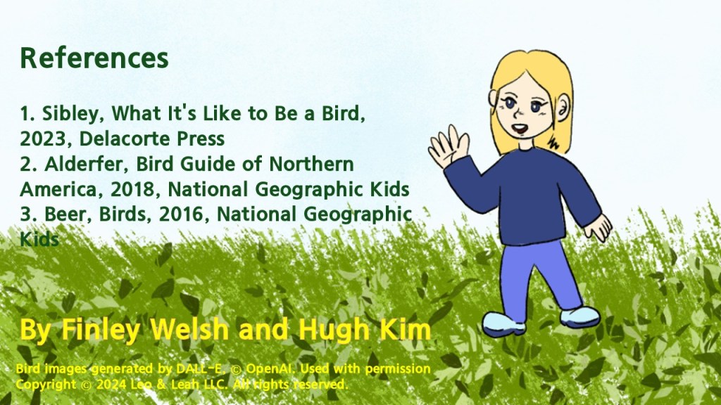 Illustration of a young girl with blonde hair, wearing a blue long-sleeve shirt and purple pants, standing in a grassy area with her hand raised. The background features a light green and blue color scheme and includes text referencing bird-related books.