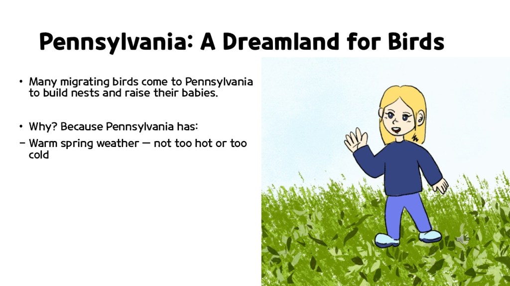 A colorful illustration of a child with blonde hair, standing in a grassy field, waving one hand, alongside text about Pennsylvania being a dreamland for migrating birds.