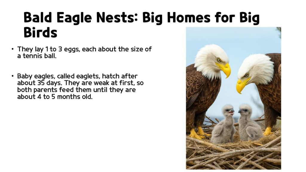 A pair of bald eagles stand beside two eaglets in a nest made of twigs and grass, with text on the left discussing bald eagle nests and their young.