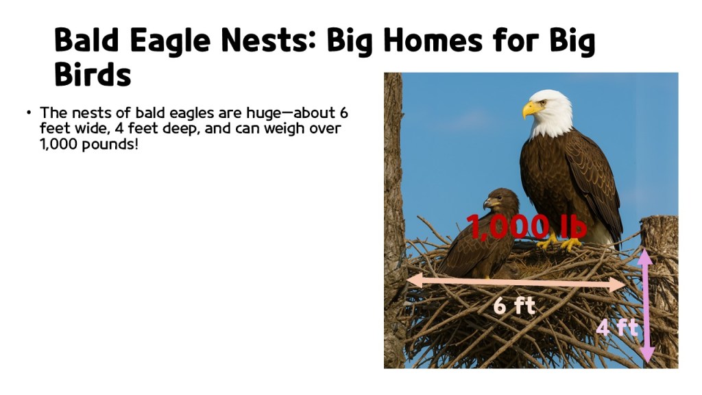 A bald eagle perched on a large nest with a young eagle, accompanied by informative text about the nest's dimensions and weight.